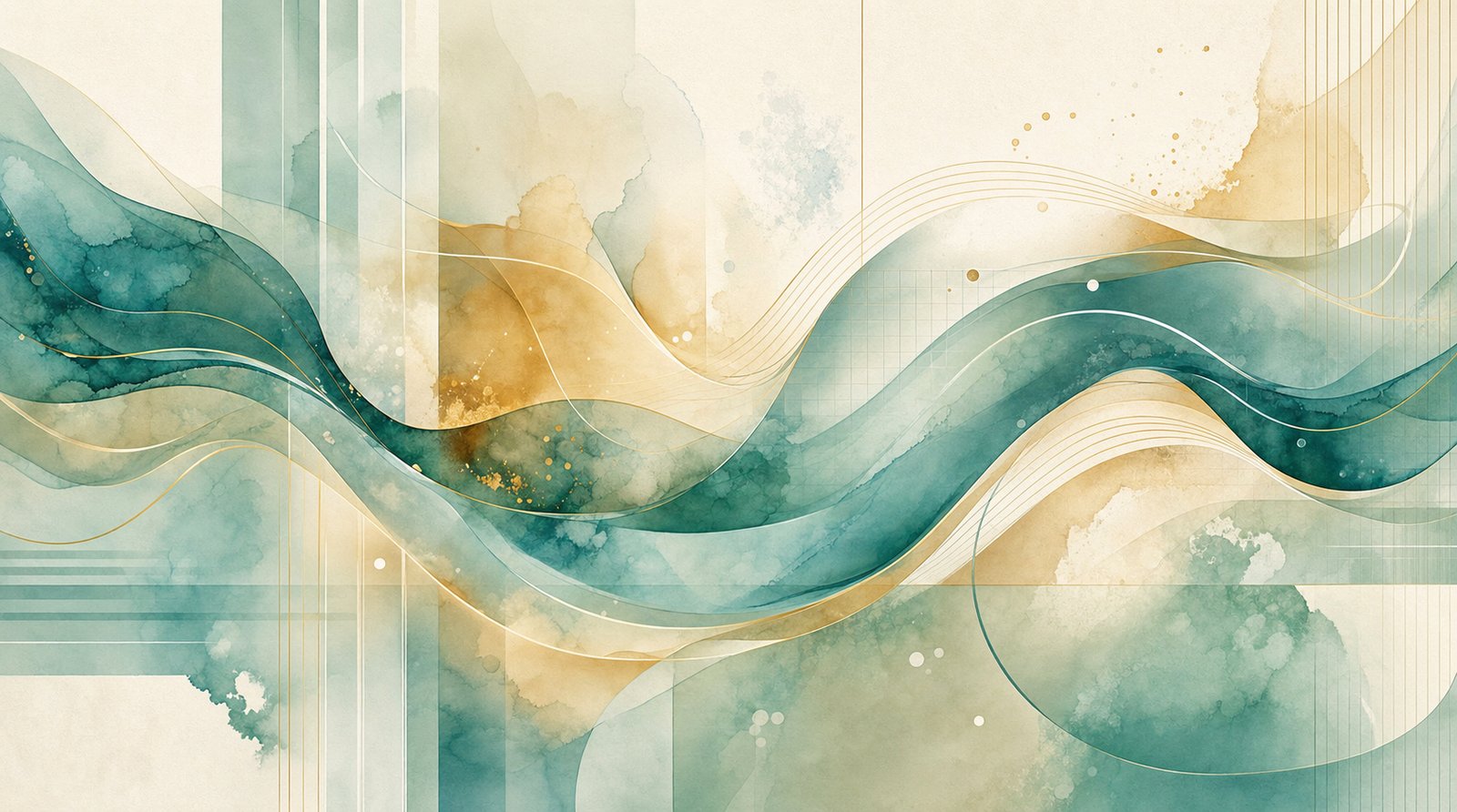 Soft watercolor abstract in teal, sage, and gold evoking a serene, organized surgical environment