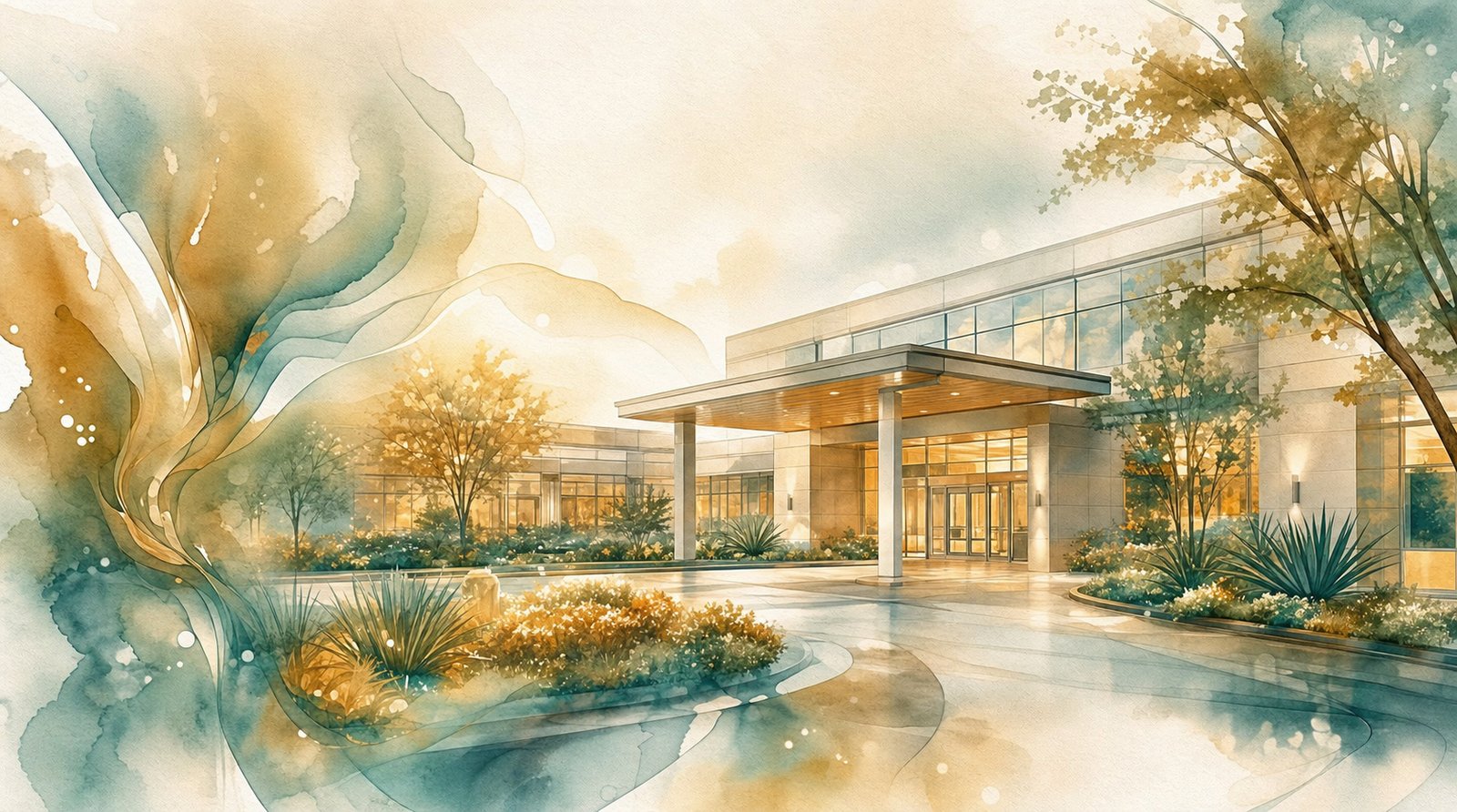 Watercolor illustration of a modern outpatient surgery center entrance with soft natural light, landscaping, and welcoming architecture